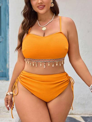 SHEIN Swim Curve بكيني برتقالي اللون قطعتين ، ذو تفاصيل كشكشة وشراريب زخرفية، للاستخدام في العطلات، مقاس كبير