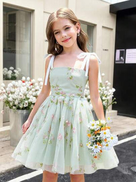 SHEIN فستان أنيق بأكمام قصيرة وياقة مربعة منفوشة مطرز بشبك للفتيات المراهقات