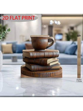 1 قطعة ديكور خشبي قديم بتصميم كتاب وكوب قهوة - منحوت بطريقة طباعة فنية 2D، للمنزل ومكتب الدراسة، بطراز كلاسيكي، هدية مثالية لعشاق الكتب وهواة القهوة (18.03 سم * 20.07 سم)، ديكور طاولة القهوة
