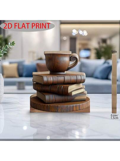 1 قطعة ديكور خشبي قديم بتصميم كتاب وكوب قهوة - منحوت بطريقة طباعة فنية 2D، للمنزل ومكتب الدراسة، بطراز كلاسيكي، هدية مثالية لعشاق الكتب وهواة القهوة (18.03 سم * 20.07 سم)، ديكور طاولة القهوة