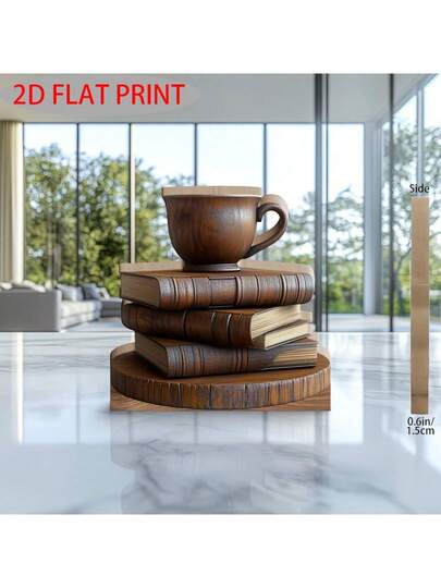 1 قطعة ديكور خشبي قديم بتصميم كتاب وكوب قهوة - منحوت بطريقة طباعة فنية 2D، للمنزل ومكتب الدراسة، بطراز كلاسيكي، هدية مثالية لعشاق الكتب وهواة القهوة (18.03 سم * 20.07 سم)، ديكور طاولة القهوة