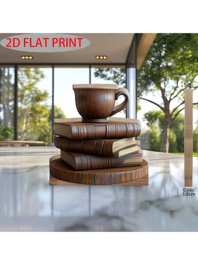 1 قطعة ديكور خشبي قديم بتصميم كتاب وكوب قهوة - منحوت بطريقة طباعة فنية 2D، للمنزل ومكتب الدراسة، بطراز كلاسيكي، هدية مثالية لعشاق الكتب وهواة القهوة (18.03 سم * 20.07 سم)، ديكور طاولة القهوة