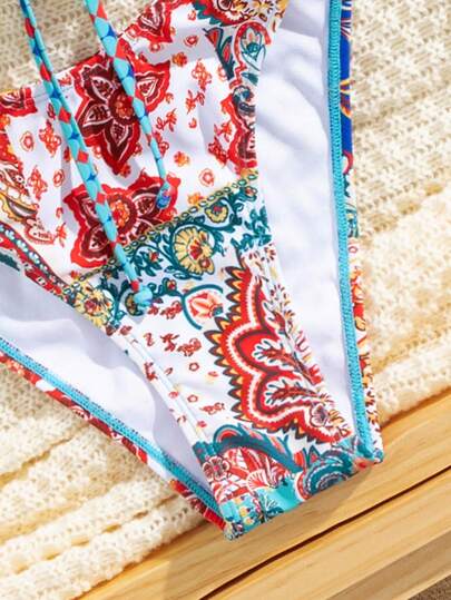 Swim Vcay طقم بكيني بطباعة زهور صيفي للنساء بربطة أمامية ،طباعة عشوائية