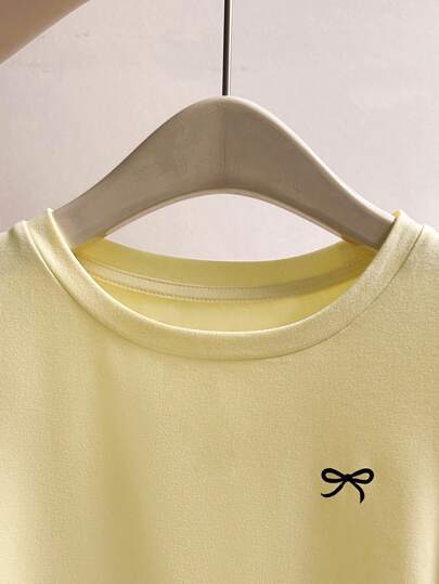 EZwear تي شيرت كاجوال للنساء كم طويل رقبة دائرية مطبوع بعقدة