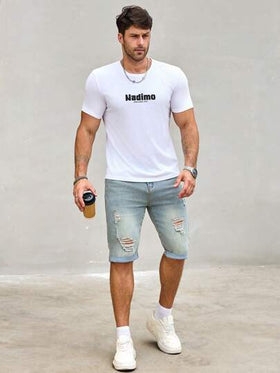 Manfinity Homme شورتات جينز كاجوال ضيقة بجيوب ممزقة ذات لون أحادي للرجال