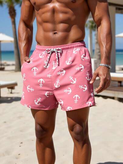 Manfinity Swimmode سروال قصير كاجوال للرجال مطبوع عليه رسم مرساة للشاطئ