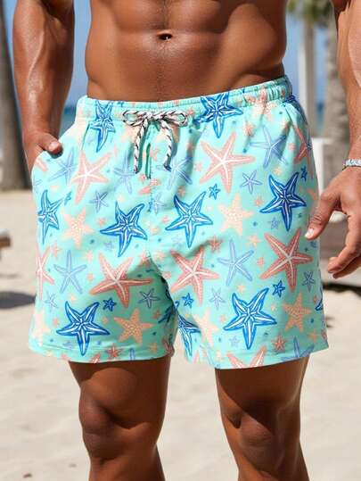 Manfinity Swimmode شورتات كاجوال للرجال مزينة بطباعة نجوم البحر للشاطئ