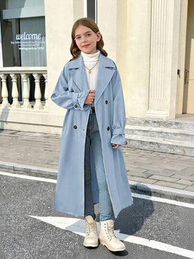 SHEIN Serisse Kids معطف سترة طويل بياقة مزدوجة، فضفاض، بطراز عسكري كاجوال للفتيات المراهقات، للارتداء اليومي والخروج الخارجي