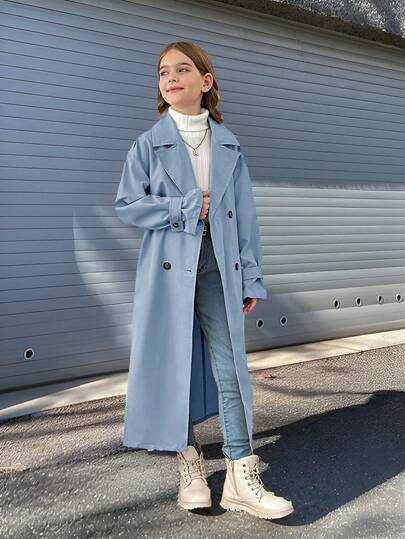 SHEIN Serisse Kids معطف سترة طويل بياقة مزدوجة، فضفاض، بطراز عسكري كاجوال للفتيات المراهقات، للارتداء اليومي والخروج الخارجي