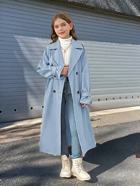 SHEIN Serisse Kids معطف سترة طويل بياقة مزدوجة، فضفاض، بطراز عسكري كاجوال للفتيات المراهقات، للارتداء اليومي والخروج الخارجي