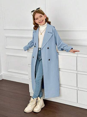 SHEIN Serisse Kids معطف سترة طويل بياقة مزدوجة، فضفاض، بطراز عسكري كاجوال للفتيات المراهقات، للارتداء اليومي والخروج الخارجي