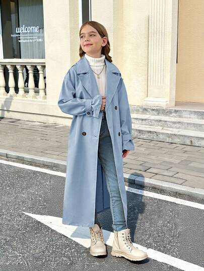 SHEIN Serisse Kids معطف سترة طويل بياقة مزدوجة، فضفاض، بطراز عسكري كاجوال للفتيات المراهقات، للارتداء اليومي والخروج الخارجي