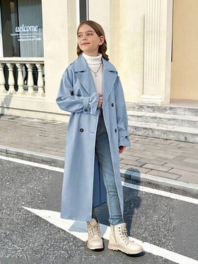 SHEIN Serisse Kids معطف سترة طويل بياقة مزدوجة، فضفاض، بطراز عسكري كاجوال للفتيات المراهقات، للارتداء اليومي والخروج الخارجي