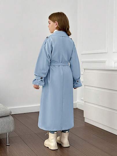 SHEIN Serisse Kids معطف سترة طويل بياقة مزدوجة، فضفاض، بطراز عسكري كاجوال للفتيات المراهقات، للارتداء اليومي والخروج الخارجي