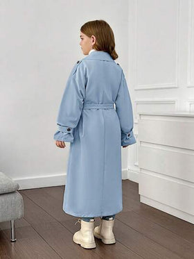 SHEIN Serisse Kids معطف سترة طويل بياقة مزدوجة، فضفاض، بطراز عسكري كاجوال للفتيات المراهقات، للارتداء اليومي والخروج الخارجي