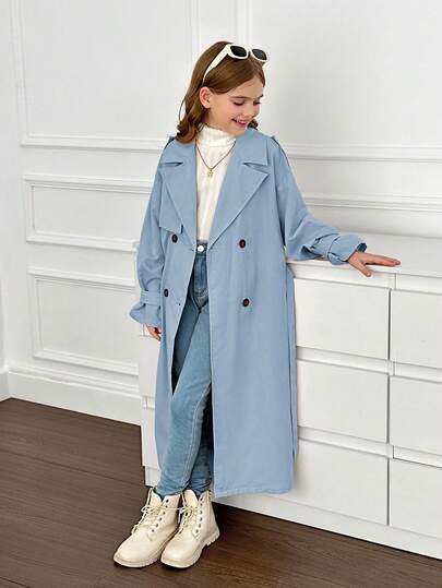 SHEIN Serisse Kids معطف سترة طويل بياقة مزدوجة، فضفاض، بطراز عسكري كاجوال للفتيات المراهقات، للارتداء اليومي والخروج الخارجي