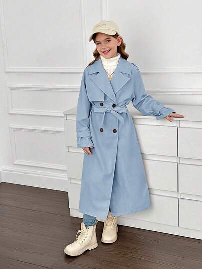 SHEIN Serisse Kids معطف سترة طويل بياقة مزدوجة، فضفاض، بطراز عسكري كاجوال للفتيات المراهقات، للارتداء اليومي والخروج الخارجي