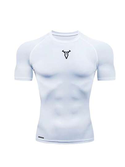 Manfinity Sport Corelite قميص رياضي رجالي ضيق بأكمام قصيرة مع طبعة عنيق