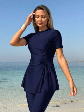 Swim Mulvari مجموعة من 2 قطعة لملابس المرأة ، ملابس علوية قصيرة الأكمام وبنطال طويل متآلفة في طباعة الربط والصباغة
