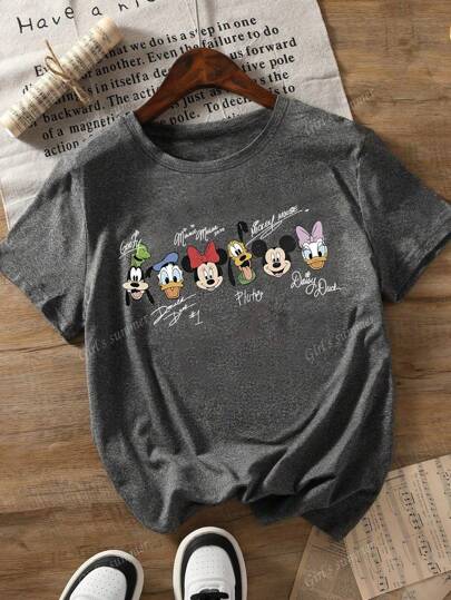 Disney تي شيرت نسائي قصير الأكمام مطبوع بطبعات كرتونية صيفية، ملابس علوية نسائية كاجوال صيفية، ملابس صيفية نسائية، تي شيرت بطبعات