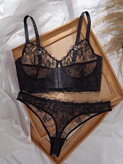 SHEIN Esselle مجموعة سوتيان وسروال داخلي مطرزة شفافة بحجم كبير للنساء، مجموعة ملابس داخلية من الدانتيل، مجموعة ملابس داخلية مخصصة، مجموعة ملابس داخلية شفافة، مجموعة ملابس داخلية بزهور، رفع