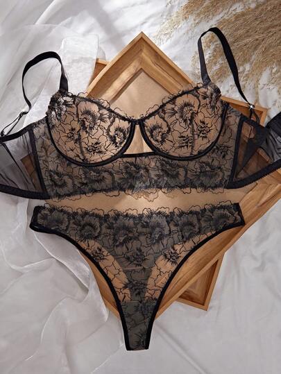 SHEIN Esselle مجموعة سوتيان وسروال داخلي مطرزة شفافة بحجم كبير للنساء، مجموعة ملابس داخلية من الدانتيل، مجموعة ملابس داخلية مخصصة، مجموعة ملابس داخلية شفافة، مجموعة ملابس داخلية بزهور، رفع