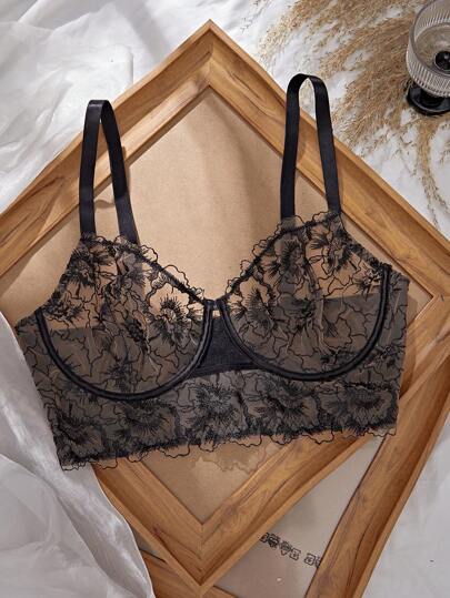 SHEIN Esselle مجموعة سوتيان وسروال داخلي مطرزة شفافة بحجم كبير للنساء، مجموعة ملابس داخلية من الدانتيل، مجموعة ملابس داخلية مخصصة، مجموعة ملابس داخلية شفافة، مجموعة ملابس داخلية بزهور، رفع