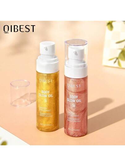 QIBEST سائل مضيء للجسم والرقبة من كويبست، زيت مرطب ذو بريق متلألئ