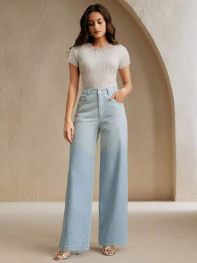 SHEIN X Jwoww Anewsta بنطلون جينز أزرق أومبير مستقيم الساق مزين بكثافة بالراين ستون لحفلات الأزياء والعيد والأم