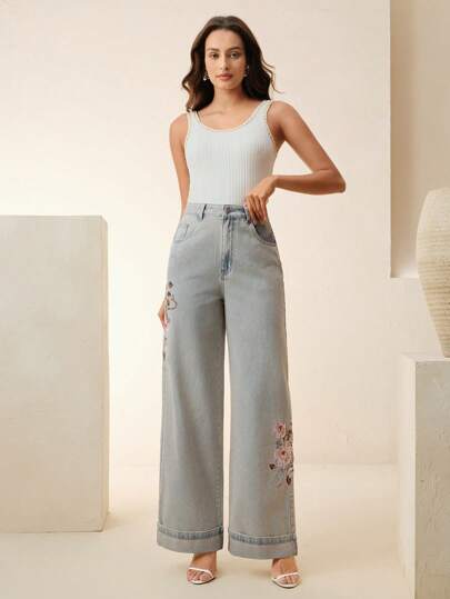 Anewsta جينز أنيق وأنيق للنساء ذو ساق مستقيمة مطرز بشكل رقيق باللون الأزرق لعيد الحب