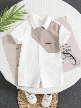 SHEIN رومبير رومبر صيفية كاجوال للرضع ذكور، تصميم لوني كتل، طوق بولو