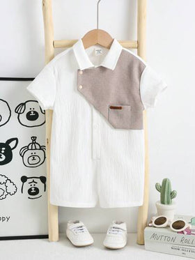 SHEIN رومبير رومبر صيفية كاجوال للرضع ذكور، تصميم لوني كتل، طوق بولو