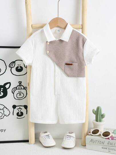 SHEIN رومبير رومبر صيفية كاجوال للرضع ذكور، تصميم لوني كتل، طوق بولو