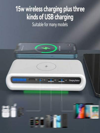 شاحن لاسلكي متعدد الوظائف ثنائي USB ، Type C ، 15 واط، شاحن 4 في 1 للهواتف الذكية، سماعات البلوتوث، الساعات الذكية، الأجهزة اللوحية (ليس بنك طاقة)