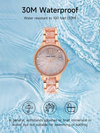 Anne Klein ساعة الأنيقة للنساء ذات الإطار الوردي الذهبي والإسورة القابلة للتعديل من الراتنج الوردي والقرص الأم اللؤلؤي الوردي الفاتح الدائري التناظري مقاومة للماء، موديل AK/1412PKRG