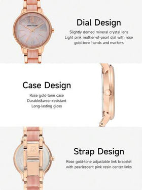 Anne Klein ساعة الأنيقة للنساء ذات الإطار الوردي الذهبي والإسورة القابلة للتعديل من الراتنج الوردي والقرص الأم اللؤلؤي الوردي الفاتح الدائري التناظري مقاومة للماء، موديل AK/1412PKRG