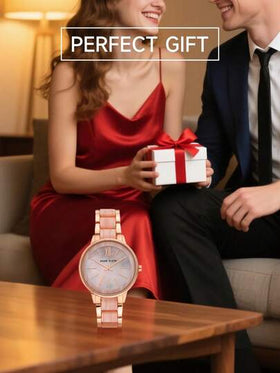 Anne Klein ساعة الأنيقة للنساء ذات الإطار الوردي الذهبي والإسورة القابلة للتعديل من الراتنج الوردي والقرص الأم اللؤلؤي الوردي الفاتح الدائري التناظري مقاومة للماء، موديل AK/1412PKRG