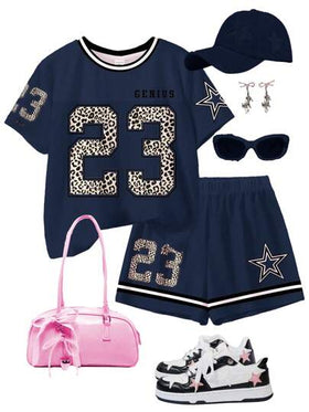 SHEIN Leap Crew مجموعة قصيرة الأكمام وشورت قطعتين مناسبة للبنات المراهقات، بتصميم كاجوال بسيط، مناسبة للصيف