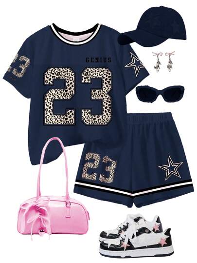 SHEIN Leap Crew مجموعة قصيرة الأكمام وشورت قطعتين مناسبة للبنات المراهقات، بتصميم كاجوال بسيط، مناسبة للصيف