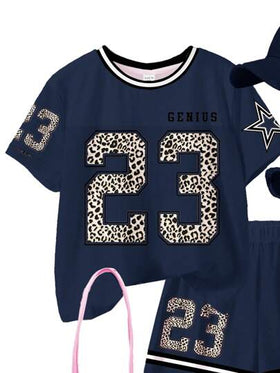 SHEIN Leap Crew مجموعة قصيرة الأكمام وشورت قطعتين مناسبة للبنات المراهقات، بتصميم كاجوال بسيط، مناسبة للصيف