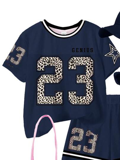 SHEIN Leap Crew مجموعة قصيرة الأكمام وشورت قطعتين مناسبة للبنات المراهقات، بتصميم كاجوال بسيط، مناسبة للصيف
