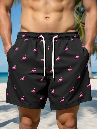 Manfinity Swimmode شورتات شاطئ رجالية فضفاضة مريحة بخصر سحاب وجيوب، شورتات سباحة رجالية مضحكة، شورتات سباحة متطابقة للرجال، طقم شورتات سباحة رجالية بطبعة فلامنجو، شورتات سباحة رجالية باللونين الأسود والوردي، شورتات سباحة رجالية بطبعة فلامنجو وردية