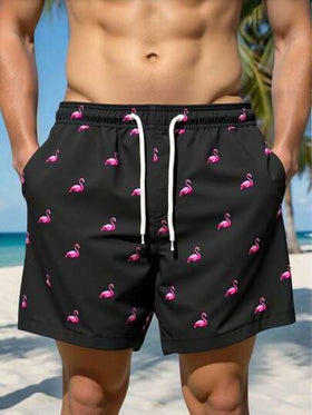 Manfinity Swimmode شورتات شاطئ رجالية فضفاضة مريحة بخصر سحاب وجيوب، شورتات سباحة رجالية مضحكة، شورتات سباحة متطابقة للرجال، طقم شورتات سباحة رجالية بطبعة فلامنجو، شورتات سباحة رجالية باللونين الأسود والوردي، شورتات سباحة رجالية بطبعة فلامنجو وردية
