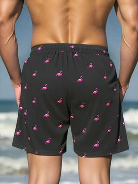 Manfinity Swimmode شورتات شاطئ رجالية فضفاضة مريحة بخصر سحاب وجيوب، شورتات سباحة رجالية مضحكة، شورتات سباحة متطابقة للرجال، طقم شورتات سباحة رجالية بطبعة فلامنجو، شورتات سباحة رجالية باللونين الأسود والوردي، شورتات سباحة رجالية بطبعة فلامنجو وردية