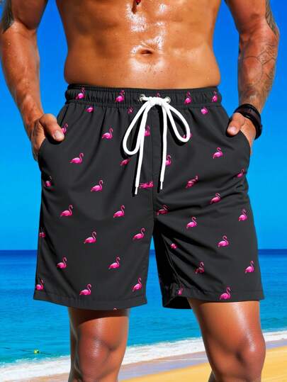 Manfinity Swimmode شورتات شاطئ رجالية فضفاضة مريحة بخصر سحاب وجيوب، شورتات سباحة رجالية مضحكة، شورتات سباحة متطابقة للرجال، طقم شورتات سباحة رجالية بطبعة فلامنجو، شورتات سباحة رجالية باللونين الأسود والوردي، شورتات سباحة رجالية بطبعة فلامنجو وردية