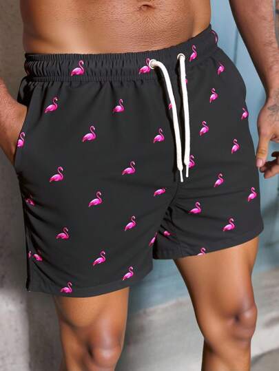 Manfinity Swimmode شورتات شاطئ رجالية فضفاضة مريحة بخصر سحاب وجيوب، شورتات سباحة رجالية مضحكة، شورتات سباحة متطابقة للرجال، طقم شورتات سباحة رجالية بطبعة فلامنجو، شورتات سباحة رجالية باللونين الأسود والوردي، شورتات سباحة رجالية بطبعة فلامنجو وردية