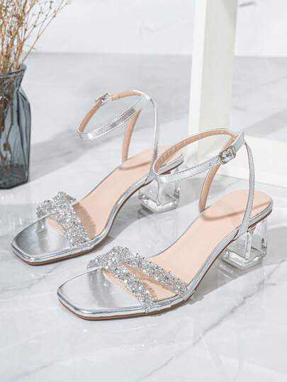 صنادل نسائية أنيقة ذات كعب بلوري مرصع بالراين كريستال، كعب عالي فضي مناسب للخروجات والحفلات والمناسبات الأخرى