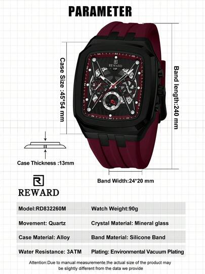 ساعة يد كوارتز رجالية من علامة تجارية REWARD بطراز عصري حديث، بوظيفة التوقيت والتقويم والعقارب المضيئة، متعددة الوظائف، ذات تصميم كلاسيكي عالي الجودة، مع سوار سيليكون