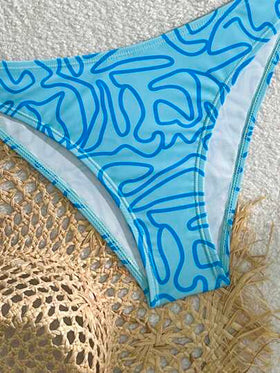 Swim Mod طقم بكيني مثير ببطانة رقبة متقاطعة وسروال بطبعات متراصة للنساء، بدلة سباحة من قطعتين بطبعات عشوائية
