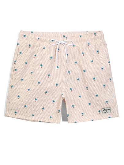 Manfinity Swimmode شورت شاطئ مع جيوب ذو خصر رباط مع خطوط شجرة النخيل للرجال